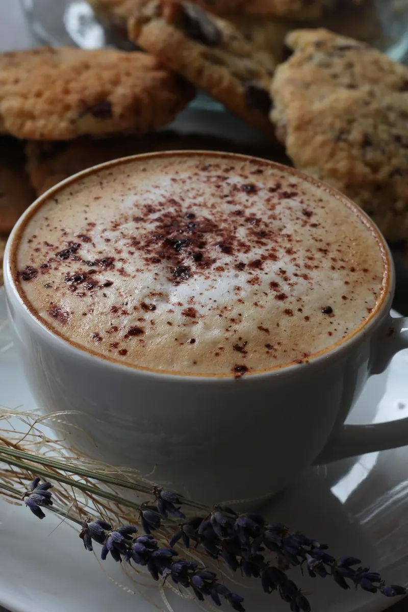 Cappuccino saupoudré de cacao, cookies en arrière-plan
